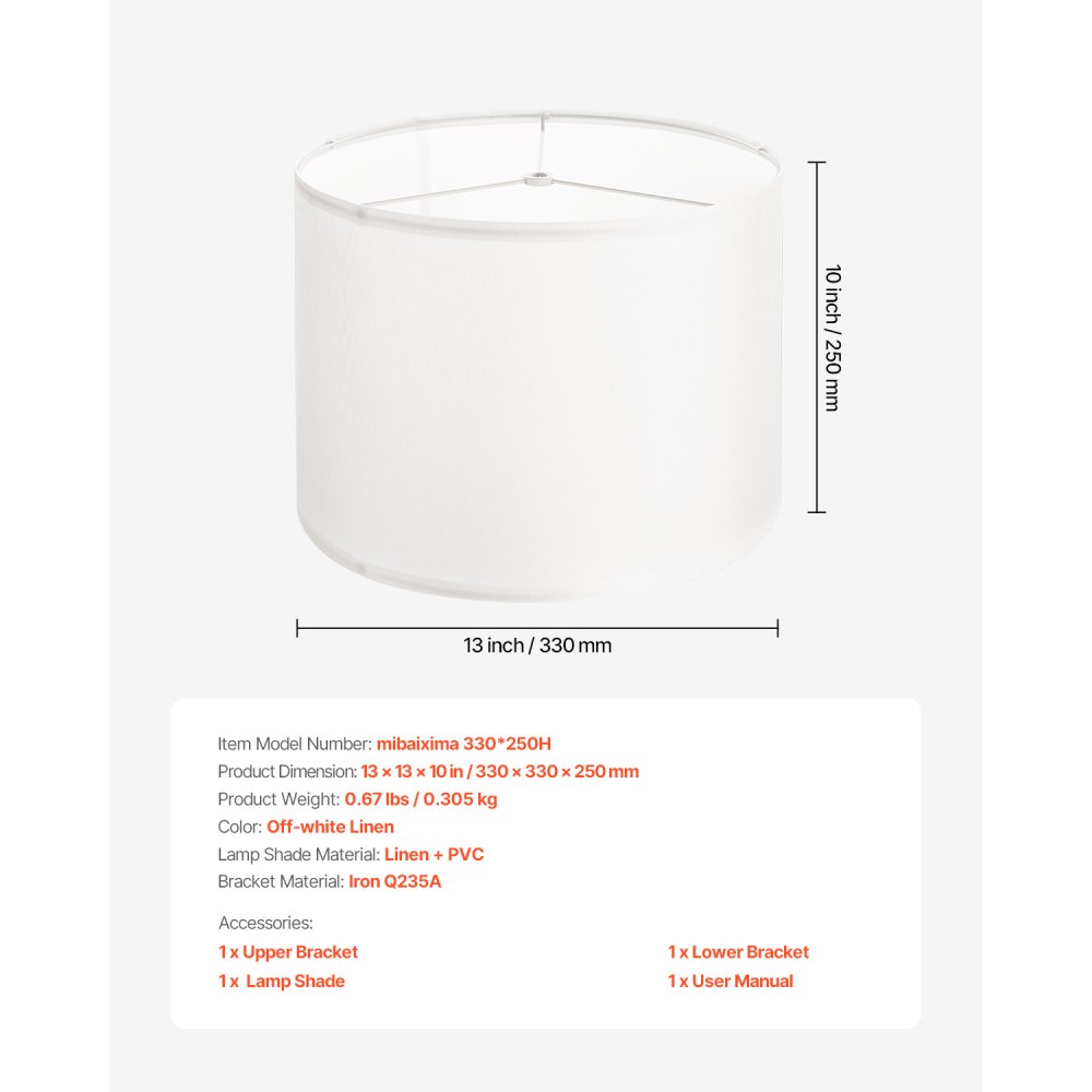 VEVOR Drum Lampshade 33 x 33 x 25 cm (top x bottom x height), 1 pc. Medium-sized replacement shade made of linen + PVC, lampshade for table lamps, floor lamps, pendant lights (cream white linen)