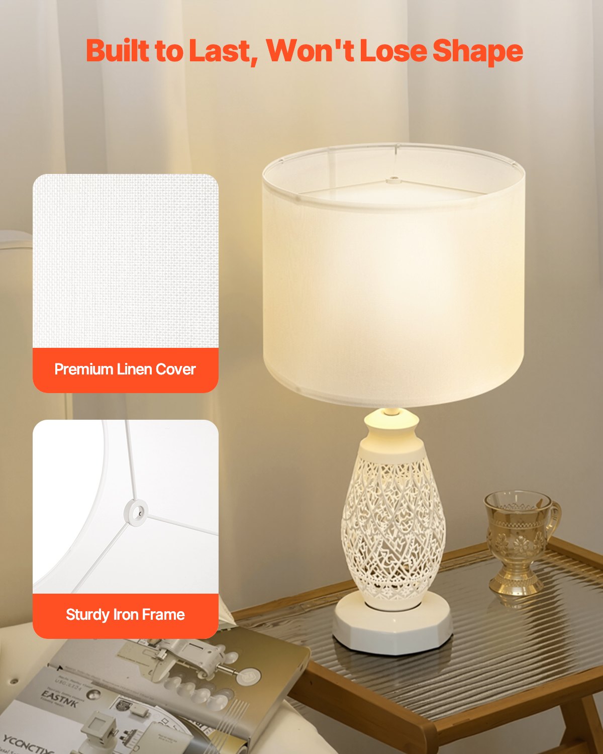 VEVOR Pantalla de Lámpara Forma de Tambor 33 x 33 x 25 cm de Lino y PVC Estructura de Metal Resistente Pantalla Cilíndrica para Lámparas de Mesa, de Pie, Colgantes Fácil Montaje, Lino Blanquecino