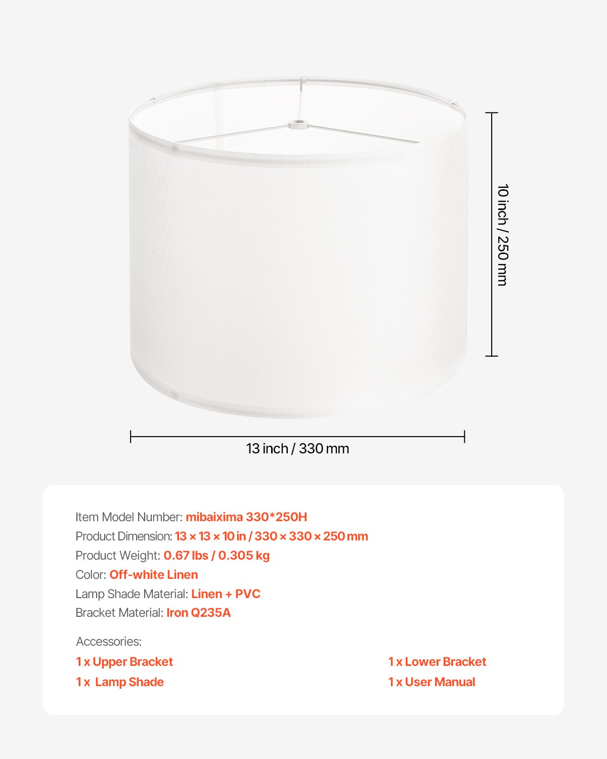 VEVOR Pantalla de Lámpara Forma de Tambor 33 x 33 x 25 cm de Lino y PVC Estructura de Metal Resistente Pantalla Cilíndrica para Lámparas de Mesa, de Pie, Colgantes Fácil Montaje, Lino Blanquecino