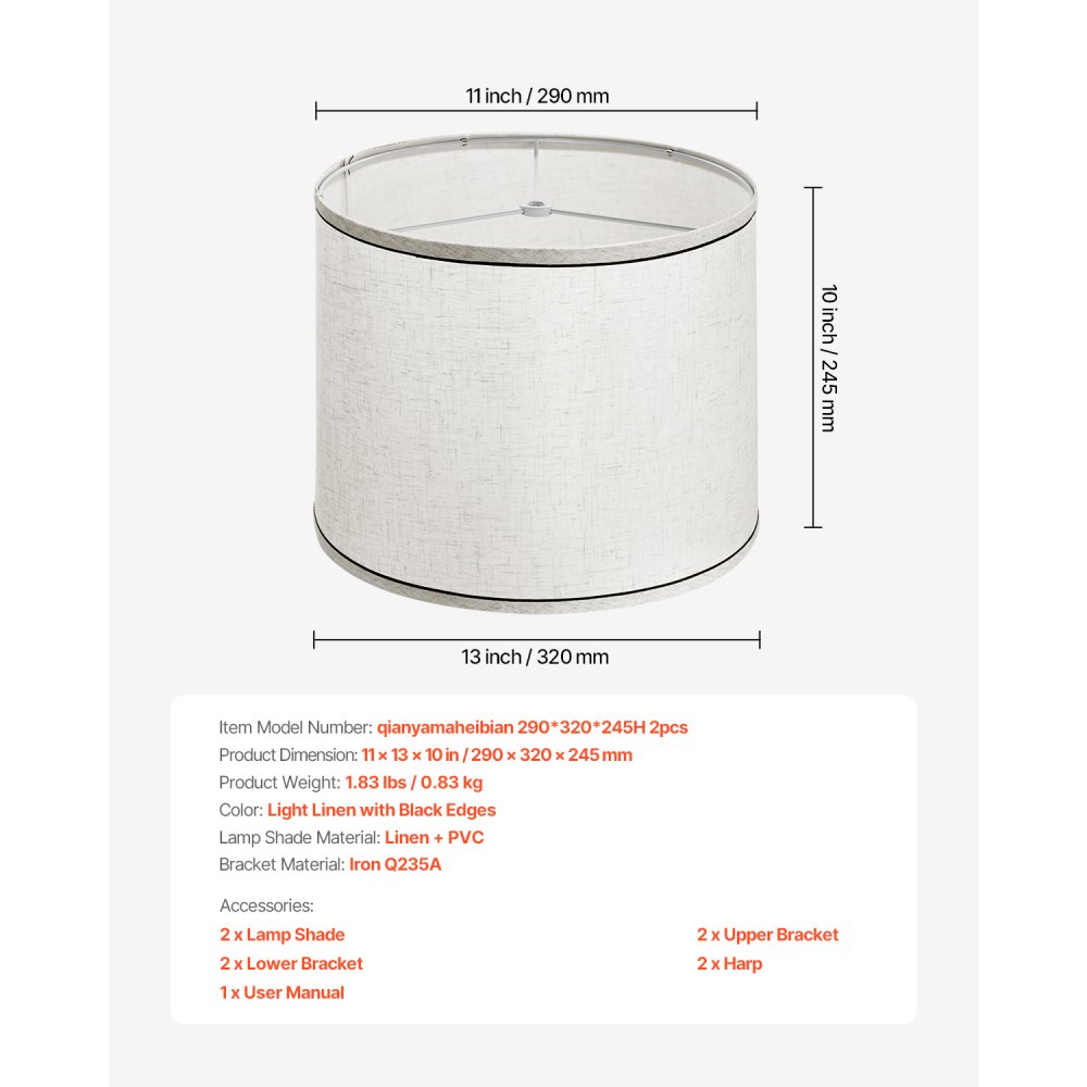 VEVOR Lampshade Drum 290 x 320 x 245 mm (top x bottom x height), 2 replacement shades made of linen + PVC lampshade with harp for table lamps and pendant lights (light linen with black border)