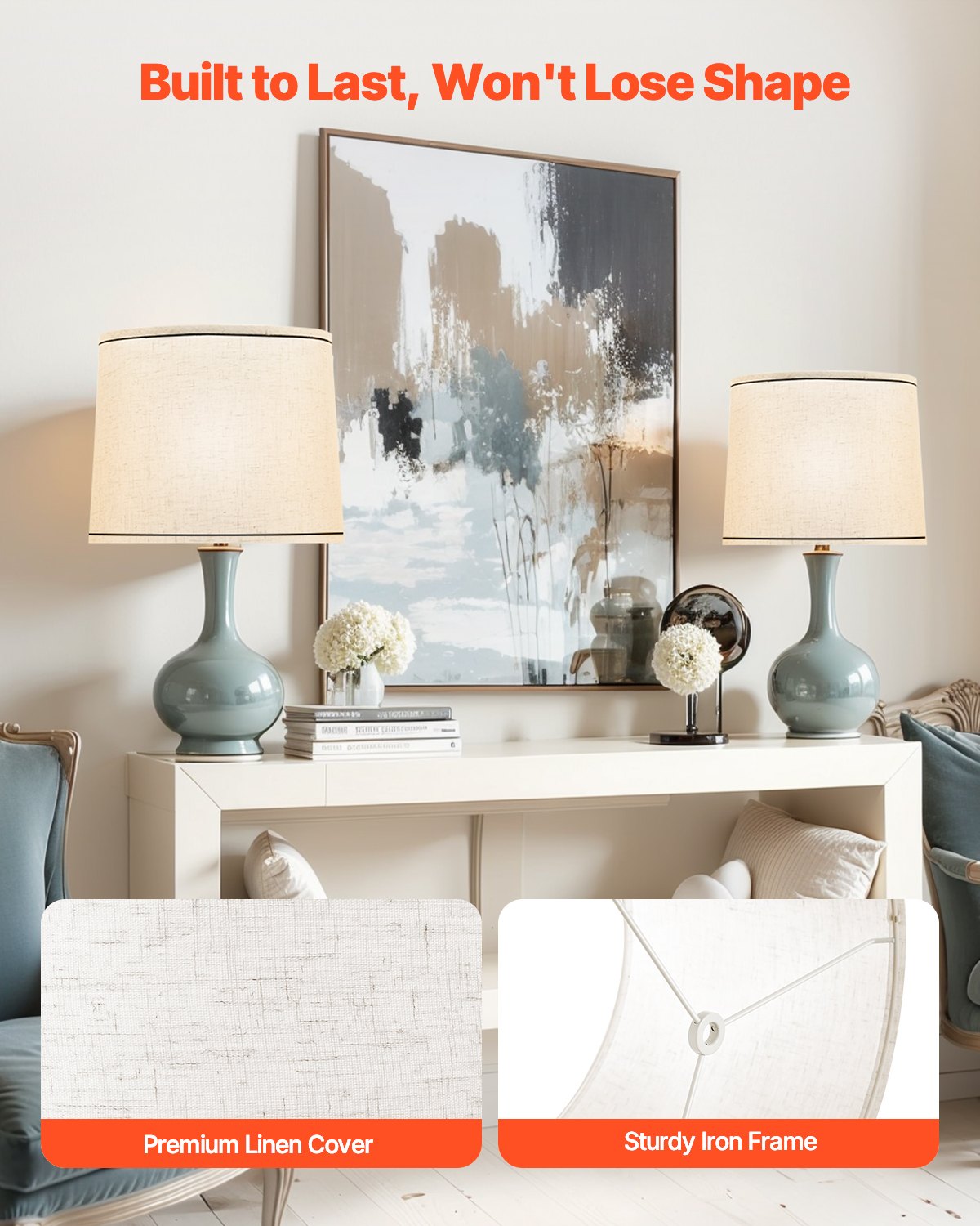 VEVOR Lampshade Drum 290 x 320 x 245 mm (top x bottom x height), 2 replacement shades made of linen + PVC lampshade with harp for table lamps and pendant lights (light linen with black border)