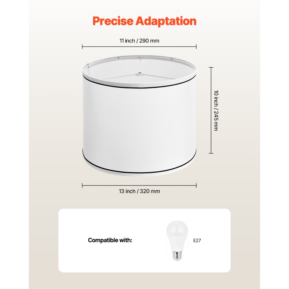 VEVOR Lampshade Drum 290 x 320 x 245 mm (top x bottom x height), 2 medium-sized replacement shades made of linen + PVC, lampshade with harp for table lamps and floor lamps (white with black rim)