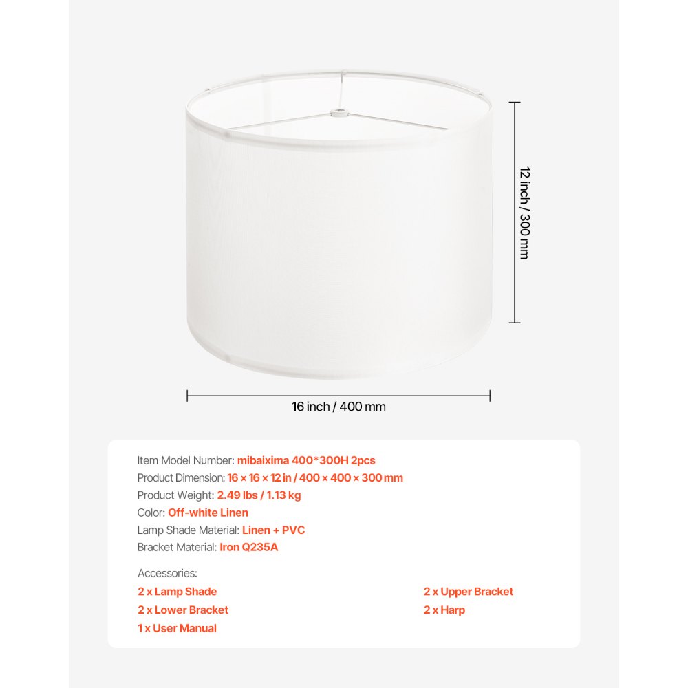VEVOR Drum Lampshade 40 x 40 x 30 cm (top x bottom x height), 2 large replacement shades made of linen + PVC, lampshade with harp for table lamps, floor lamps, pendant lights (cream white linen)