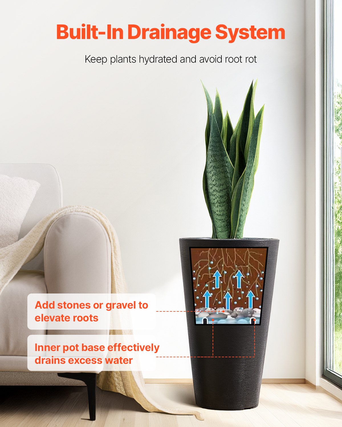 VEVOR Jardineras Altas de 590 mm 2 Piezas Jardineras Grandes para Plantas Jardineras Redondas Cónicas para Porche Delantero Macetas para Plantas de Árboles Diseño Moderno Drenaje Incorporado, Negro