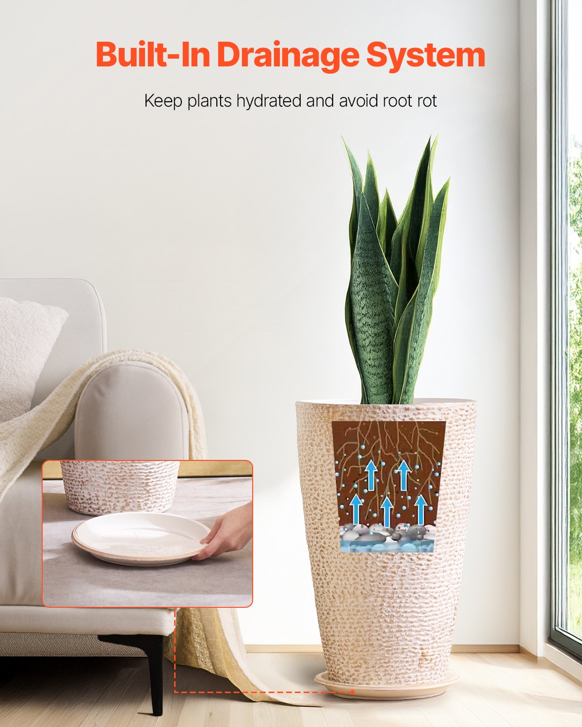 VEVOR Jardineras Altas de 530 mm 2 Piezas Jardineras Grandes para Plantas Jardineras Redondas Cónicas para Porche Delantero Macetas para Plantas de Árboles Diseño Moderno Drenaje Incorporado, Beige