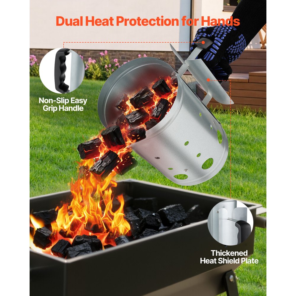 VEVOR Encendedor de Carbón de Gran Capacidad 1,8 kg, de Acero Resistente, para Parrillas de Carbón y Barbacoas, Compacto y Portátil, Cómodo de Llevar y Usar, Color Plateado, 275 x 170 x 275 mm