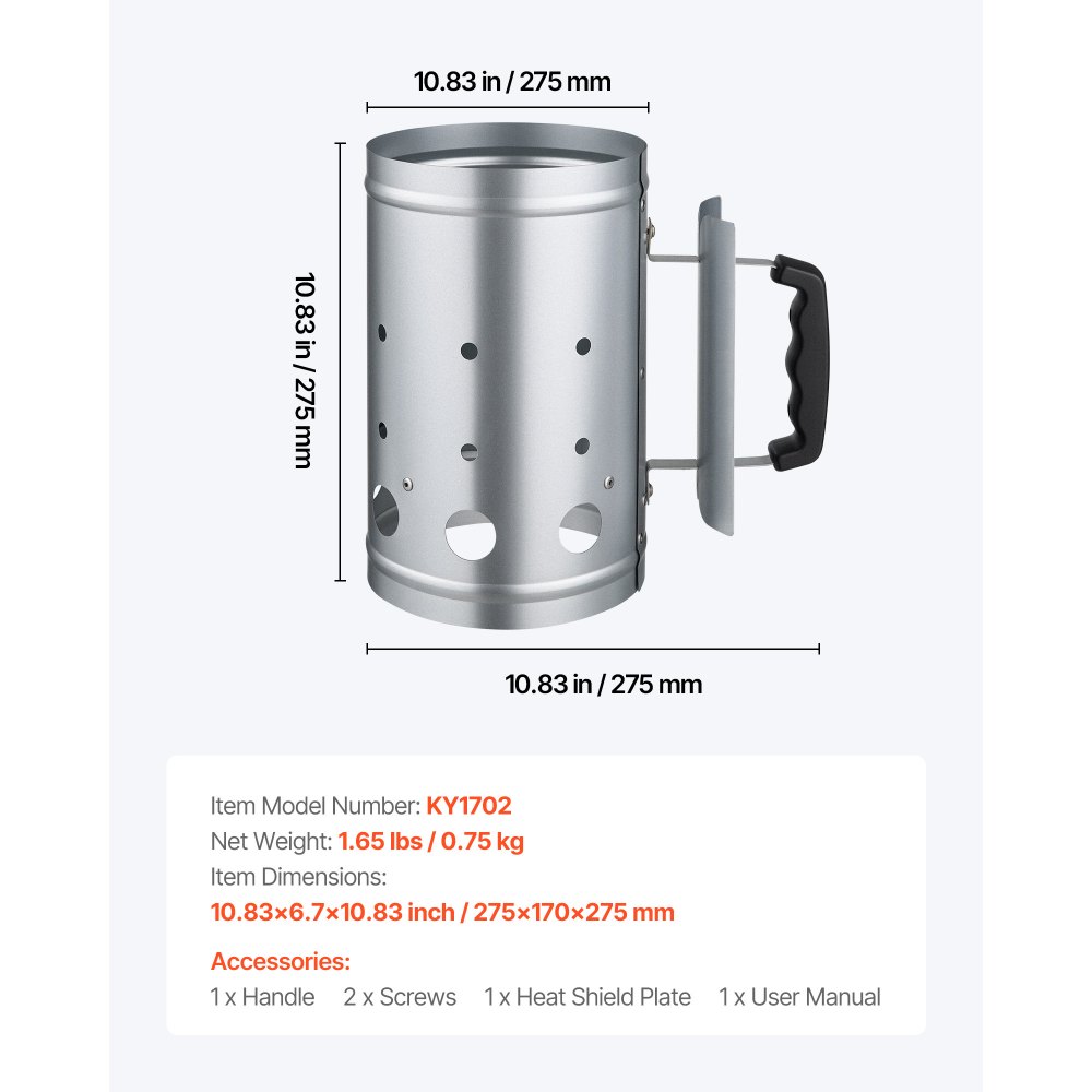 VEVOR Encendedor de Carbón de Gran Capacidad 1,8 kg, de Acero Resistente, para Parrillas de Carbón y Barbacoas, Compacto y Portátil, Cómodo de Llevar y Usar, Color Plateado, 275 x 170 x 275 mm