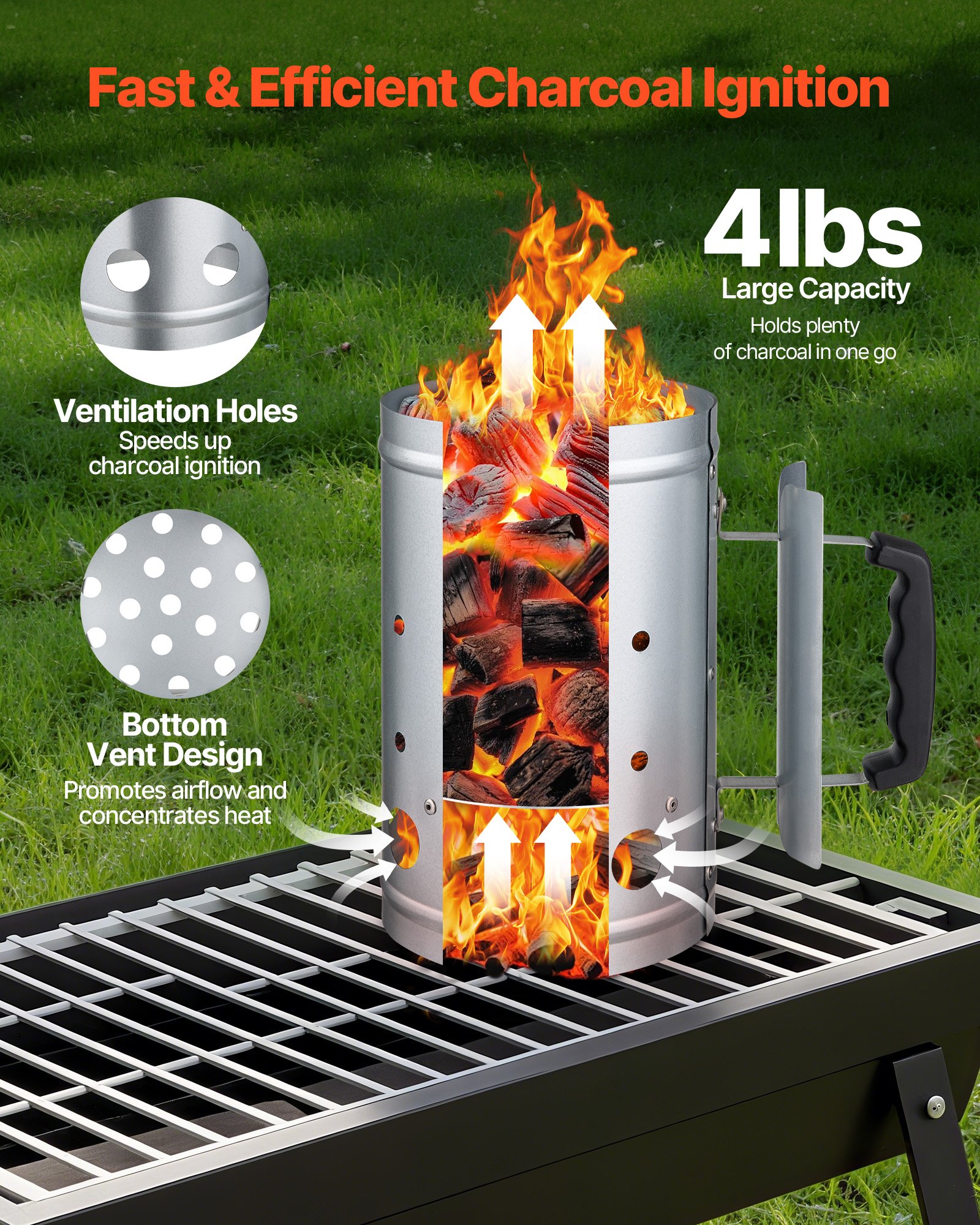 VEVOR Encendedor de Carbón de Gran Capacidad 1,8 kg, de Acero Resistente, para Parrillas de Carbón y Barbacoas, Compacto y Portátil, Cómodo de Llevar y Usar, Color Plateado, 275 x 170 x 275 mm