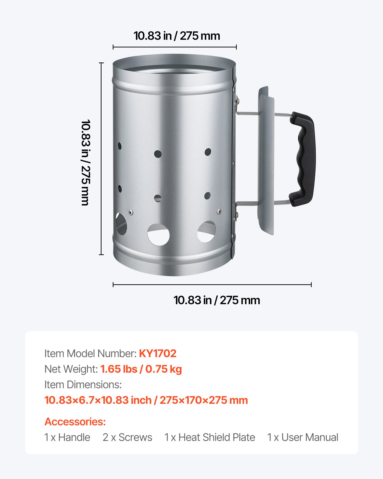 VEVOR Encendedor de Carbón de Gran Capacidad 1,8 kg, de Acero Resistente, para Parrillas de Carbón y Barbacoas, Compacto y Portátil, Cómodo de Llevar y Usar, Color Plateado, 275 x 170 x 275 mm