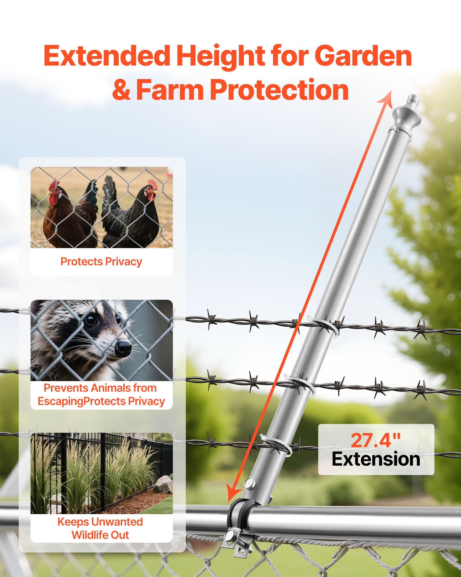 VEVOR 18 PCS Extensiones de Cerca de Alambre de Cadena, Extensor de Poste Galvanizado de Cerca de 69,5 cm, Soporte en U Brazo Extensible de Alambre de Púas para Evitar que Las Mascotas Salten