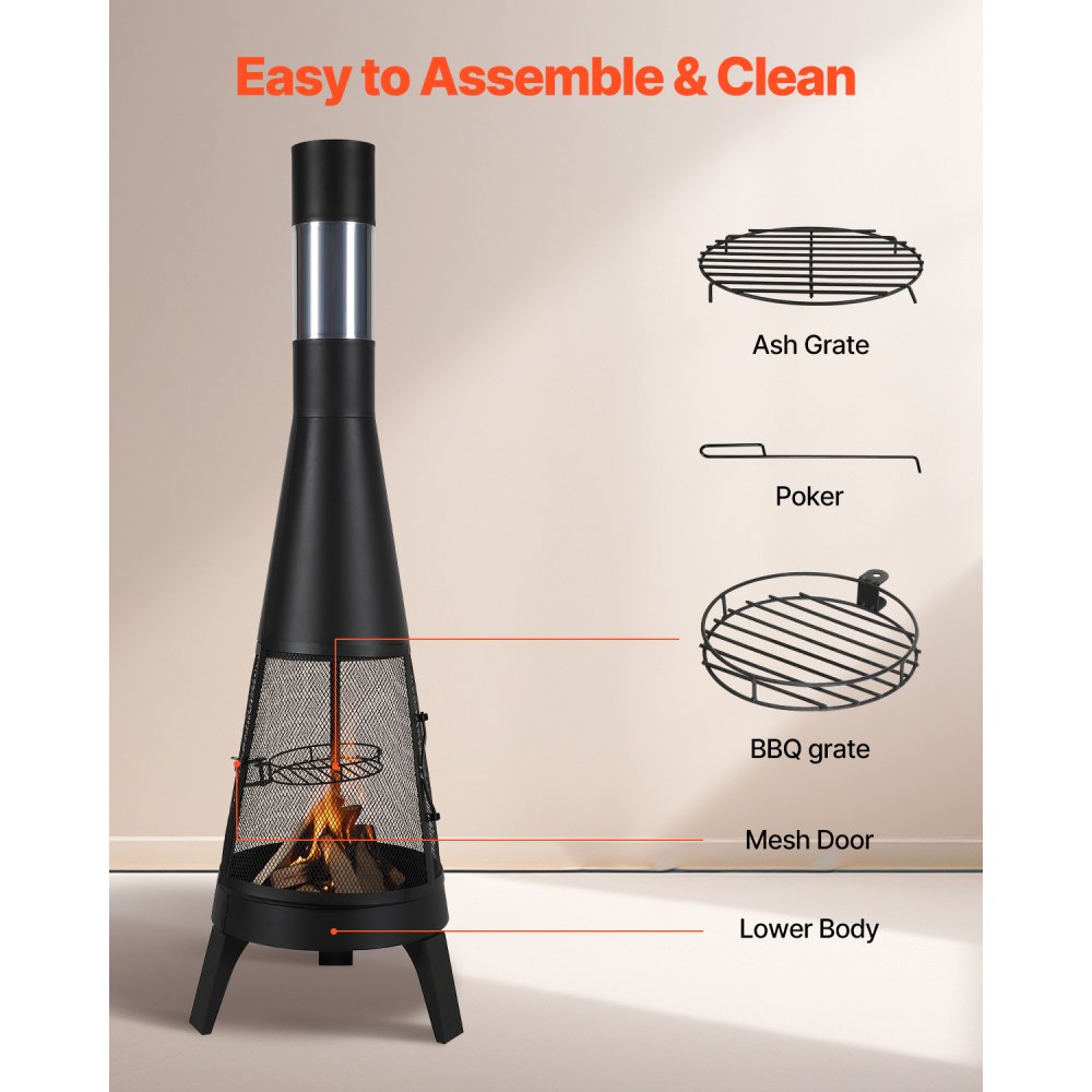 VEVOR Chimenea de Leña para Exteriores 508 mm, para Barbacoa y Calentamiento con Malla para Parrilla Revestimiento para Chimenea y Tapa a Prueba Óxido para Patio, Jardín, Negro, φ 508 x 1495 mm
