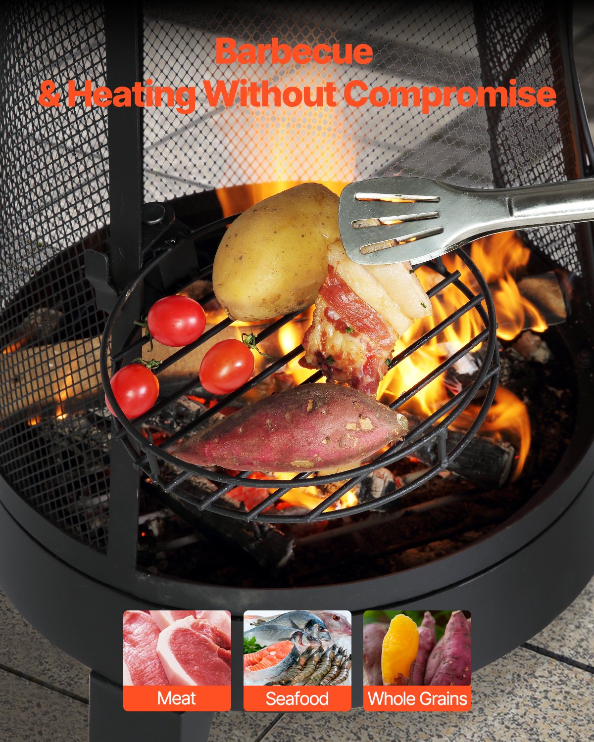 VEVOR Chimenea de Leña para Exteriores 508 mm, para Barbacoa y Calentamiento con Malla para Parrilla Revestimiento para Chimenea y Tapa a Prueba Óxido para Patio, Jardín, Negro, φ 508 x 1495 mm