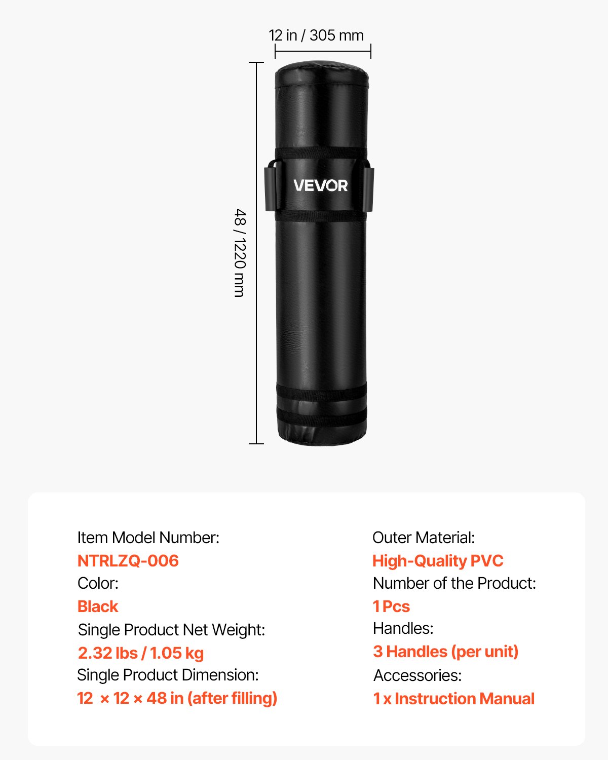 VEVOR Muñeco de Placaje de Fútbol Americano, con Asas, Ideal para Ejercicios de Contacto, Kickboxing, Artes Marciales y Entrenamiento Deportivo, 1 Unidad, sin Relleno, 300/300 x 1200 mm, Negro