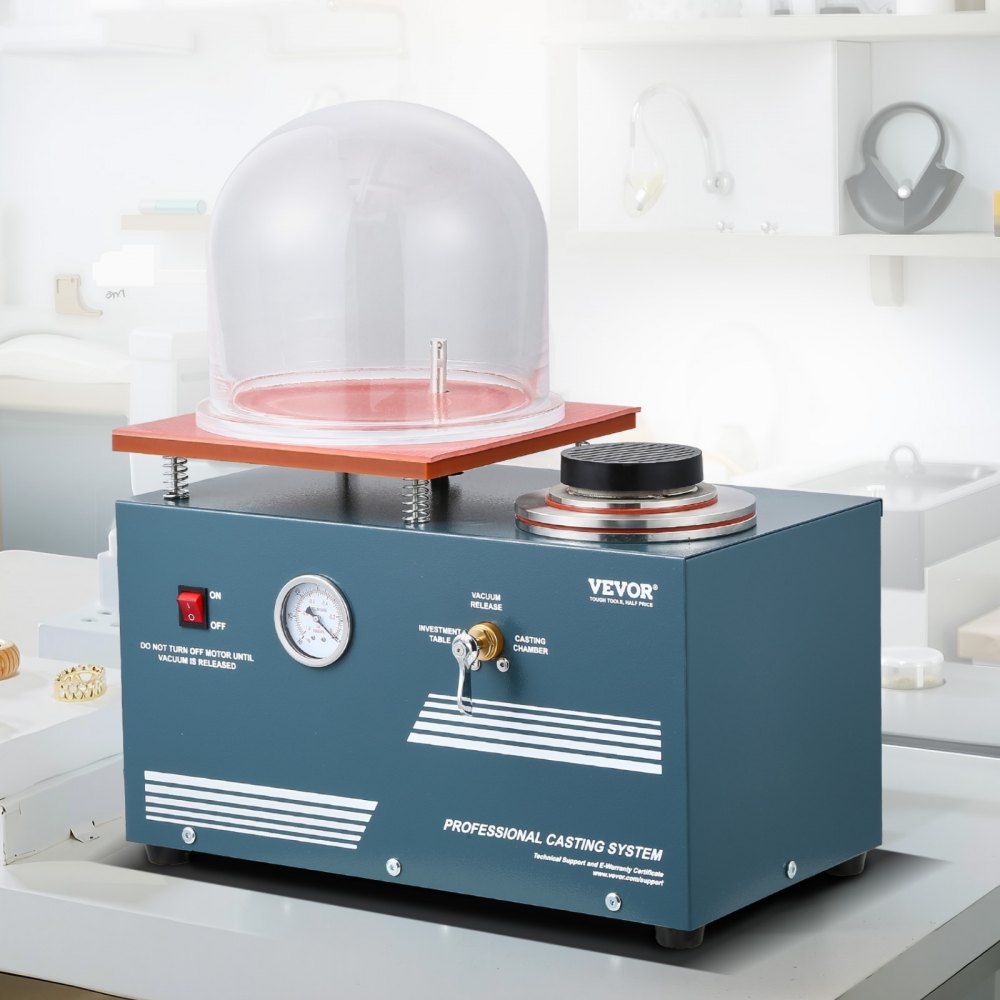 VEVOR 290 W Máquina de Fundición al Vacío con Bomba de 3 CFM y Campana de Cristal, Práctico Puerto de Inyección de Aceite, Manómetro de Precisión, Banco de Trabajo para Fundir Joyas y Chatarra