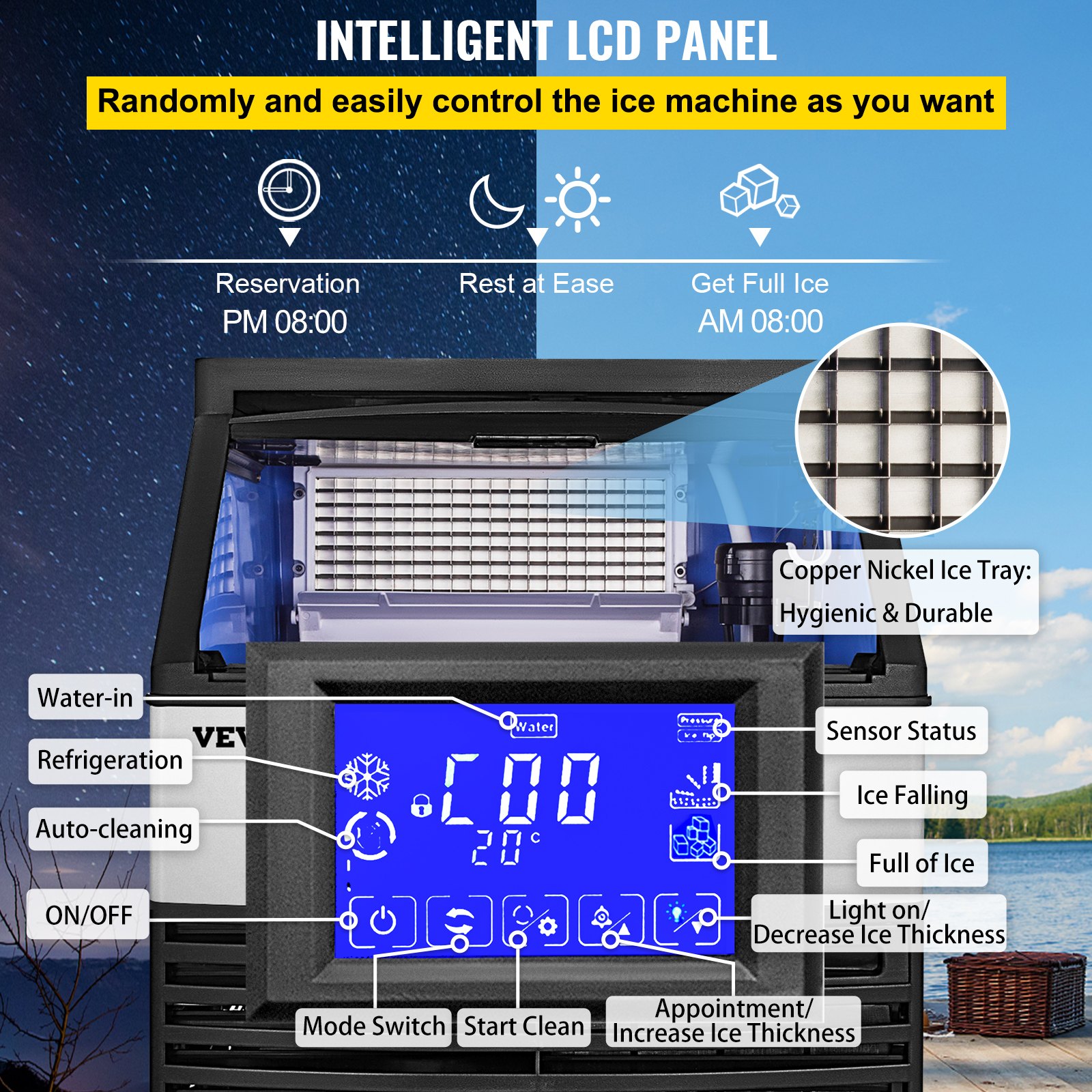 Máquina De Hielo 110kg/24h Acero Inoxidable+abs Panel De Control Inteligente Lcd
