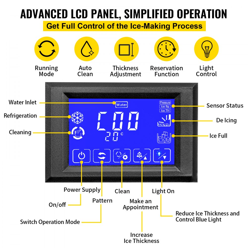 VEVOR Fabricador De Hielo Máquina para Hacer Hielo Comercial 60KG/24H Acero Inoxidable ABS Panel de Control Inteligente Máquina para Fabricar Nieve