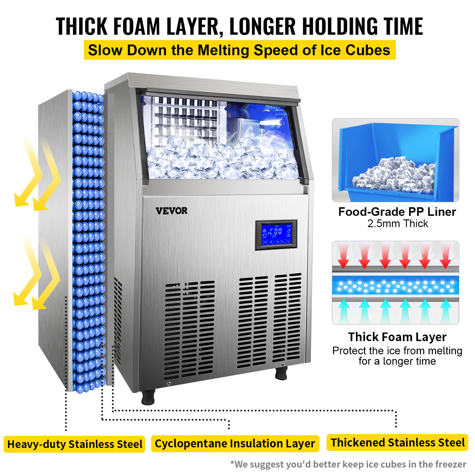 VEVOR Fabricador De Hielo Máquina para Hacer Hielo Comercial 60KG/24H Acero Inoxidable ABS Panel de Control Inteligente Máquina para Fabricar Nieve