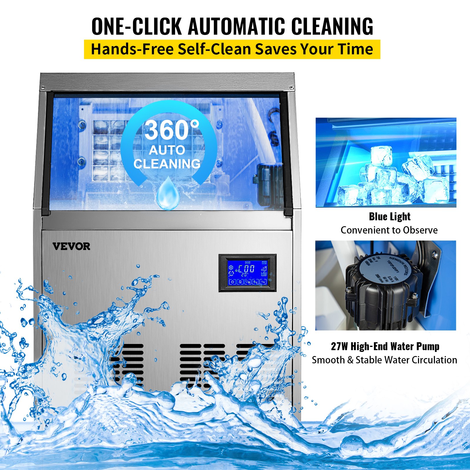 VEVOR Fabricador De Hielo Máquina para Hacer Hielo Comercial 60KG/24H Acero Inoxidable ABS Panel de Control Inteligente Máquina para Fabricar Nieve