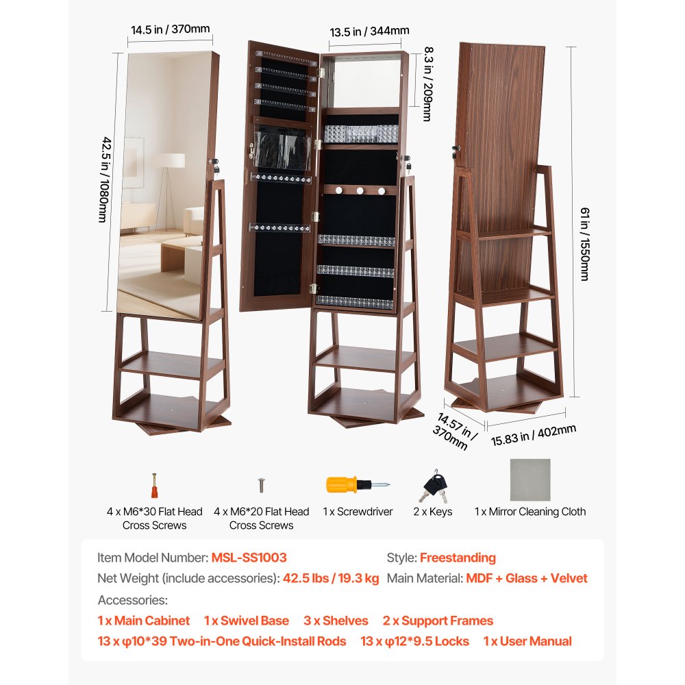 VEVOR Joyero Giratorio Rectangular 360°, con Espejo de Cuerpo Entero y Espacio de Almacenamiento, con 2 Llaves, Bolsillos para Accesorios y Compartimentos para Guardar Joyas, 402 x 370 x 1550 mm