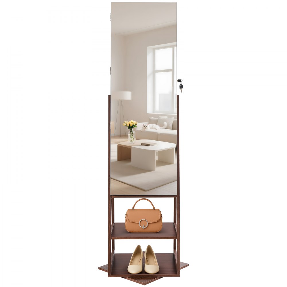 VEVOR Joyero Giratorio Rectangular 360°, con Espejo de Cuerpo Entero y Espacio de Almacenamiento, con 2 Llaves, Bolsillos para Accesorios y Compartimentos para Guardar Joyas, 402 x 370 x 1550 mm