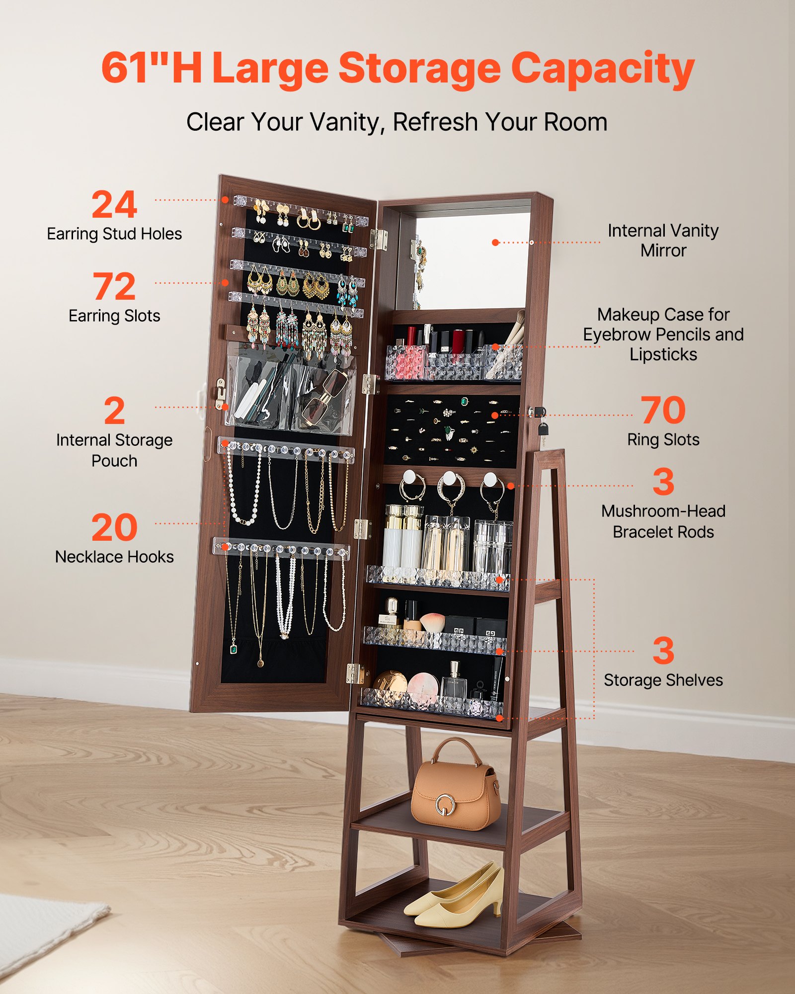 VEVOR Joyero Giratorio Rectangular 360°, con Espejo de Cuerpo Entero y Espacio de Almacenamiento, con 2 Llaves, Bolsillos para Accesorios y Compartimentos para Guardar Joyas, 402 x 370 x 1550 mm