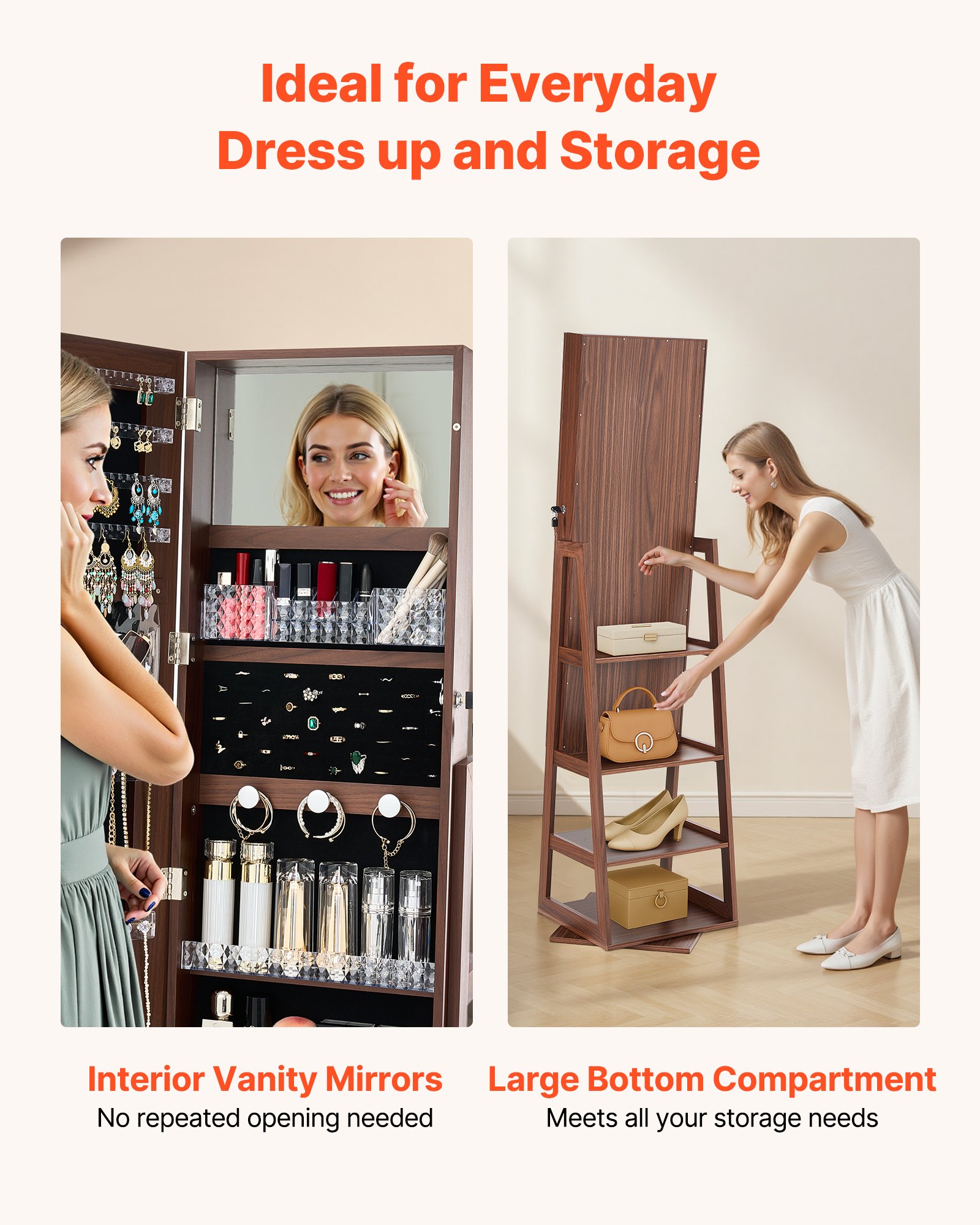 VEVOR Joyero Giratorio Rectangular 360°, con Espejo de Cuerpo Entero y Espacio de Almacenamiento, con 2 Llaves, Bolsillos para Accesorios y Compartimentos para Guardar Joyas, 402 x 370 x 1550 mm