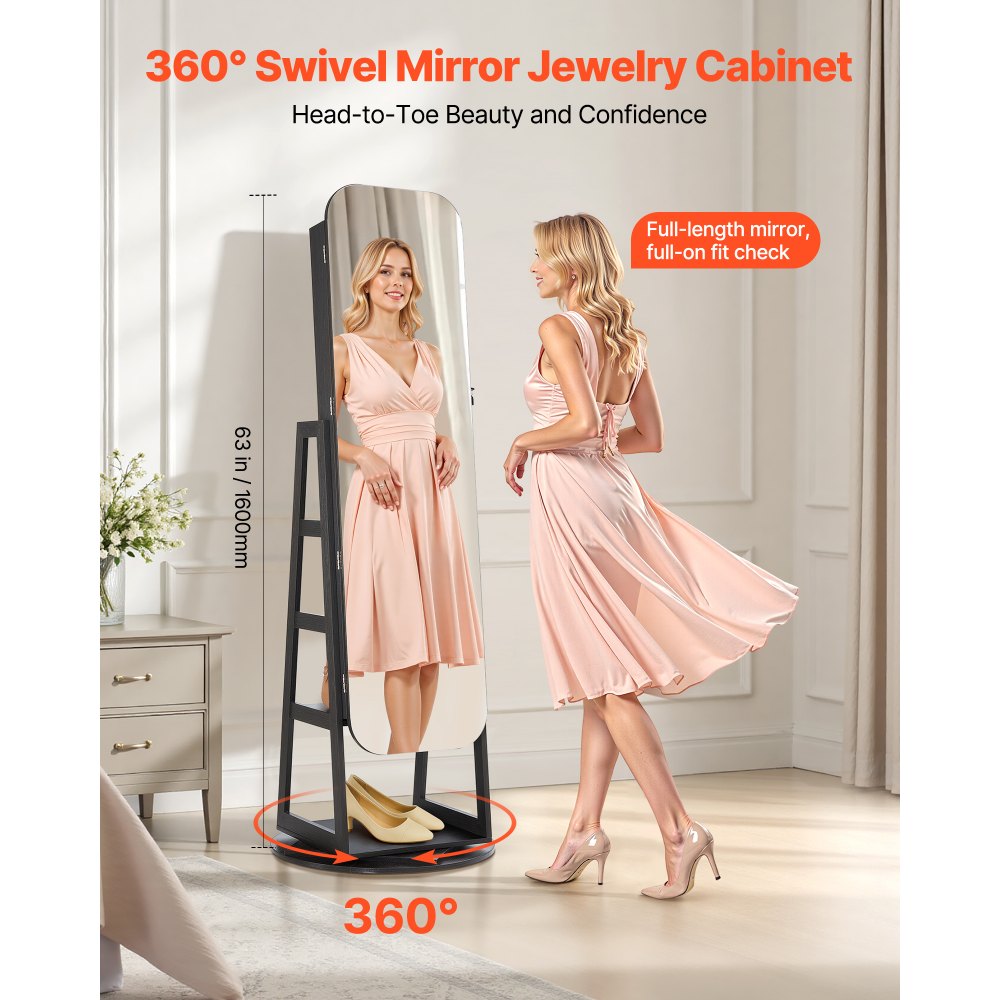 VEVOR Joyero Giratorio de 360°, Independiente, con Espejo de Cuerpo Entero y Espacio de Almacenamiento, con 2 Llaves, Bolsillos para Accesorios y Compartimentos para Joyas, 550 x 550 x 1600 mm