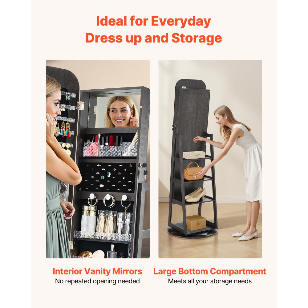VEVOR Joyero Giratorio de 360°, Independiente, con Espejo de Cuerpo Entero y Espacio de Almacenamiento, con 2 Llaves, Bolsillos para Accesorios y Compartimentos para Joyas, 550 x 550 x 1600 mm