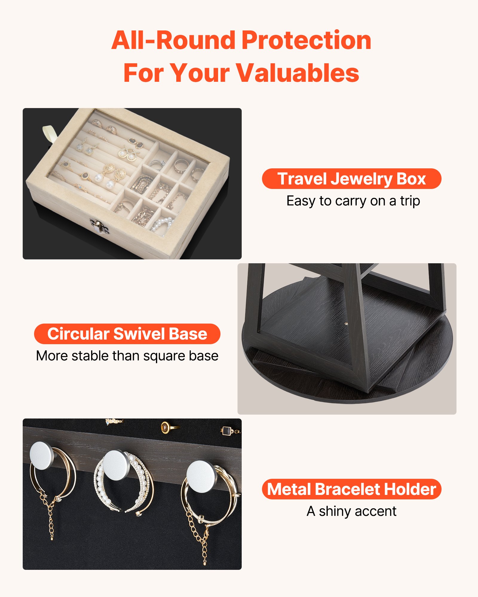 VEVOR Joyero Giratorio de 360°, Independiente, con Espejo de Cuerpo Entero y Espacio de Almacenamiento, con 2 Llaves, Bolsillos para Accesorios y Compartimentos para Joyas, 550 x 550 x 1600 mm