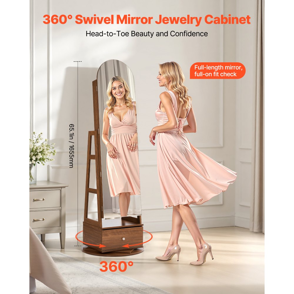VEVOR Joyero Giratorio de 360°, con Espejo de Cuerpo Entero y Espacio de Almacenamiento, con 2 Llaves, Bolsillos para Accesorios, Compartimentos y Cajones para Guardar Joyas, 550 x 550 x 1655 mm