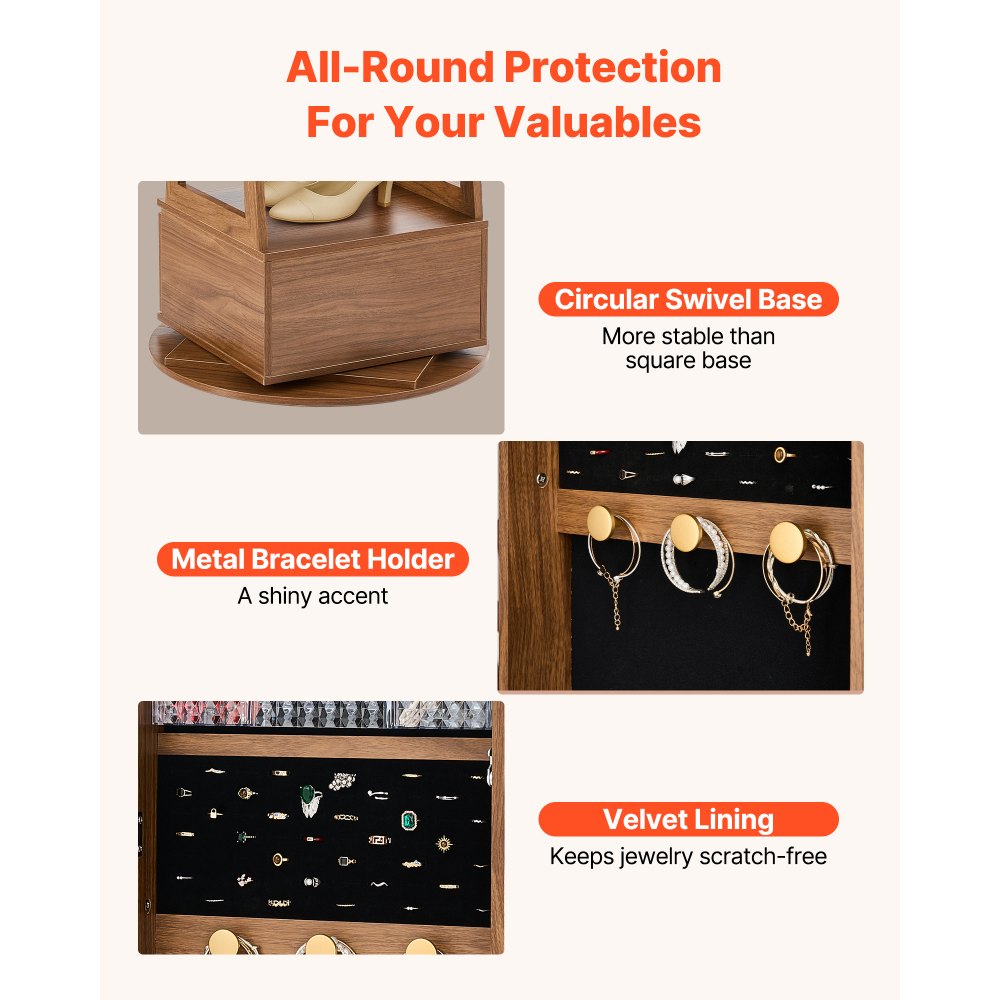 VEVOR Joyero Giratorio de 360°, con Espejo de Cuerpo Entero y Espacio de Almacenamiento, con 2 Llaves, Bolsillos para Accesorios, Compartimentos y Cajones para Guardar Joyas, 550 x 550 x 1655 mm