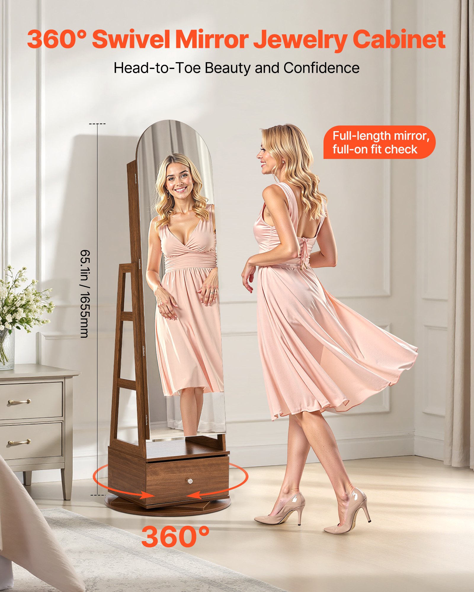 VEVOR Joyero Giratorio de 360°, con Espejo de Cuerpo Entero y Espacio de Almacenamiento, con 2 Llaves, Bolsillos para Accesorios, Compartimentos y Cajones para Guardar Joyas, 550 x 550 x 1655 mm