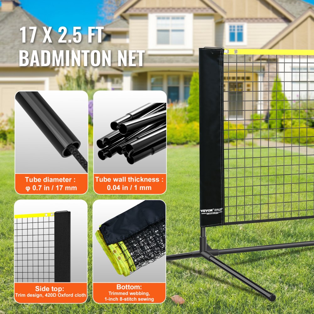 VEVOR Red de Bádminton de 510 cm con Postes, Red de Tenis Portátil de Altura Ajustable, Material Sostenible, Equipo de Bádminton con Bolsa de Transporte, para Interior y Exterior