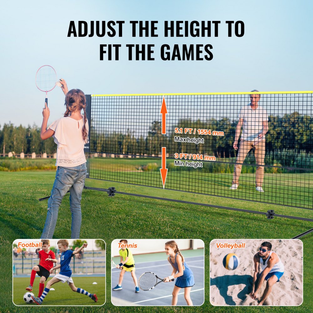 VEVOR Red de Bádminton de 510 cm con Postes, Red de Tenis Portátil de Altura Ajustable, Material Sostenible, Equipo de Bádminton con Bolsa de Transporte, para Interior y Exterior