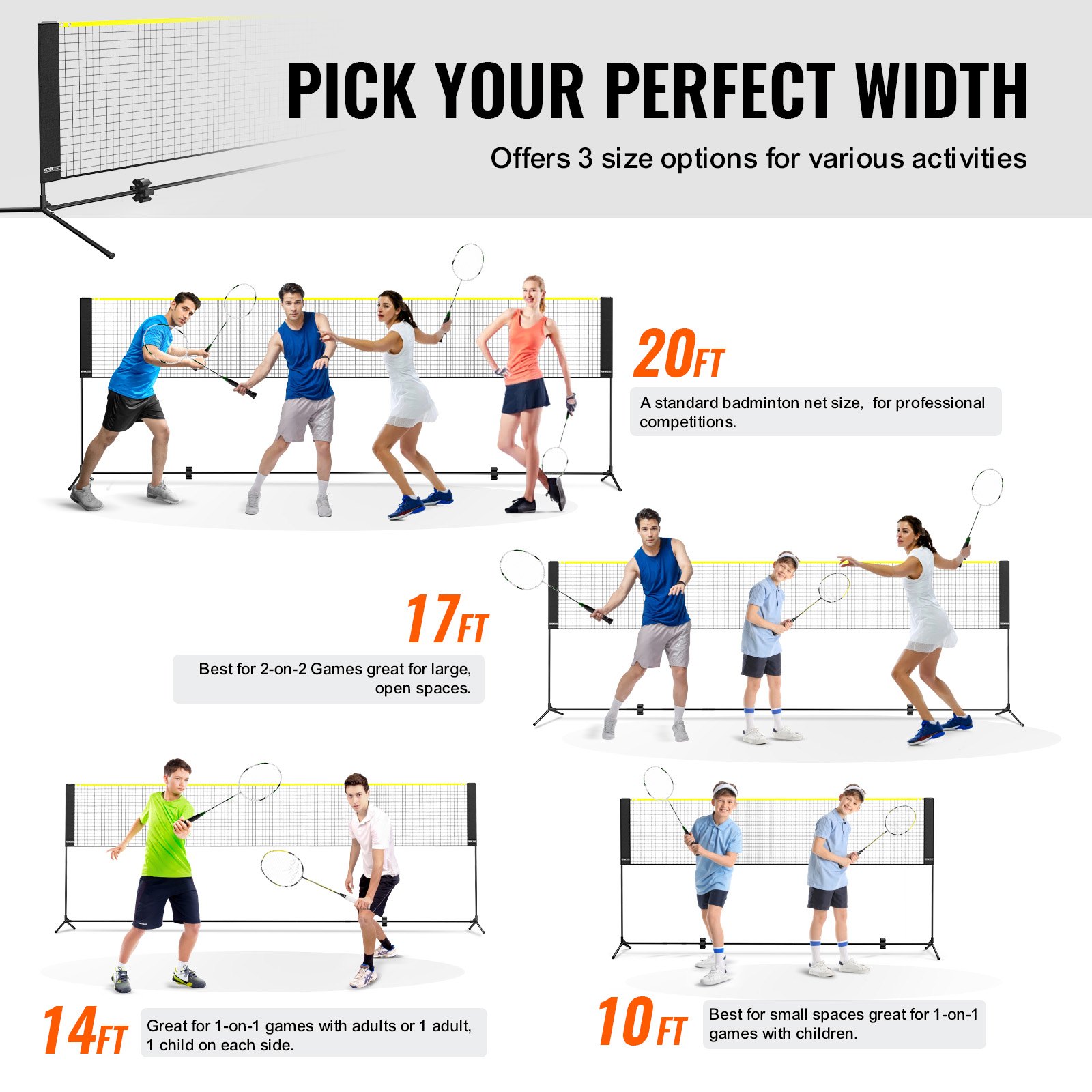 VEVOR Red de Bádminton de 510 cm con Postes, Red de Tenis Portátil de Altura Ajustable, Material Sostenible, Equipo de Bádminton con Bolsa de Transporte, para Interior y Exterior