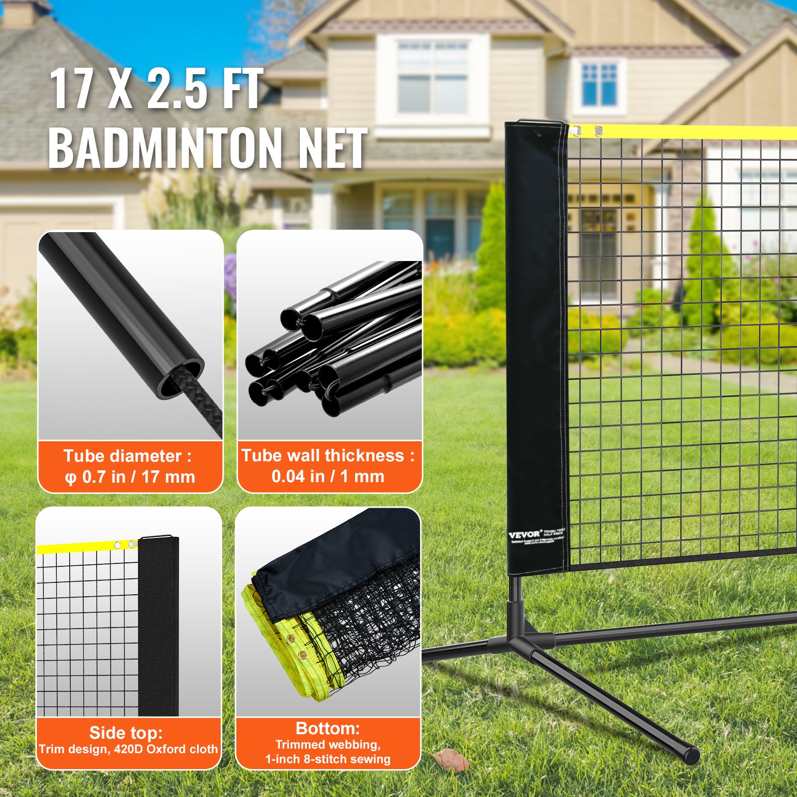 VEVOR Red de Bádminton de 510 cm con Postes, Red de Tenis Portátil de Altura Ajustable, Material Sostenible, Equipo de Bádminton con Bolsa de Transporte, para Interior y Exterior