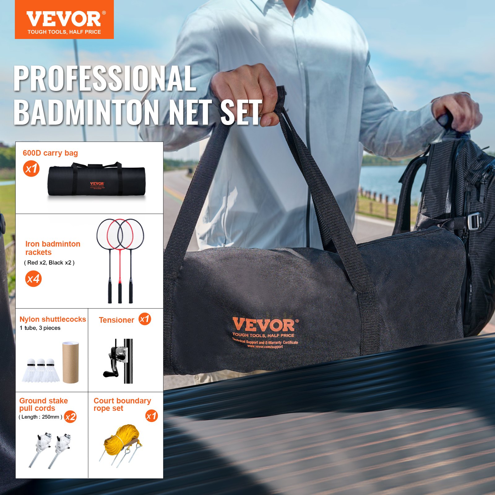 VEVOR Juego de Red de Bádminton, para Patio Trasero al Aire Libre, Equipo de Bádminton Portátil, para Adultos y Niños con Postes, Bolsa de Transporte, 4 Taquetas de Hierro y 3 Volantes de Nailon