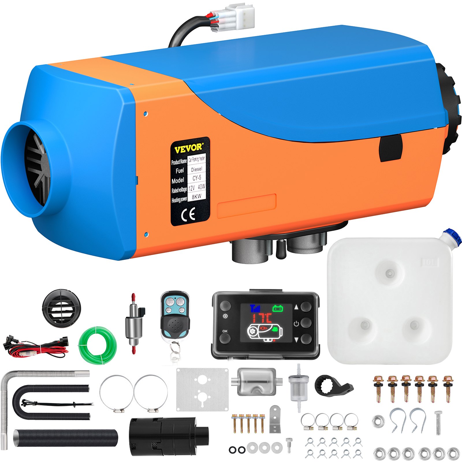 VEVOR Calentador Coche de Diesel 12V 8KW Calentador de Aire de Diesel de Alumnio con Interruptor Lcd para Barcos Autobús Naranja