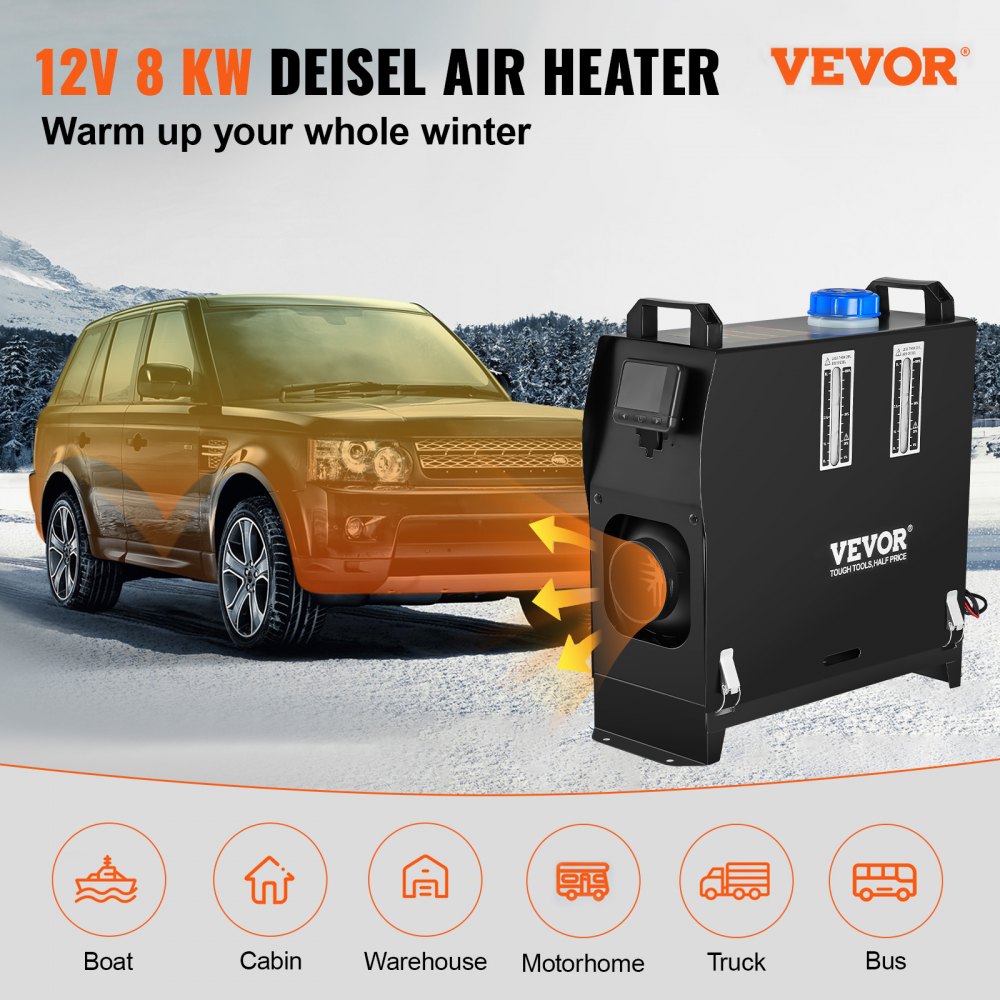 VEVOR 12V Diesel Car Fuel-Powered Parking Heater, 8 kW Diesel Parking Heater Air Diesel Heater, Air Diesel Heater for Car RV Truck Camper Bus with Remote Control, Black LCD Switch & 1 Air Outlet