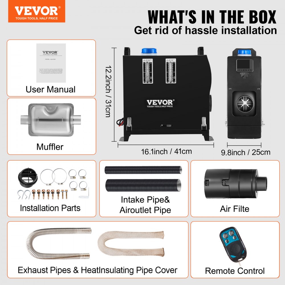 VEVOR 12V Diesel Car Fuel-Powered Parking Heater, 8 kW Diesel Parking Heater Air Diesel Heater, Air Diesel Heater for Car RV Truck Camper Bus with Remote Control, Black LCD Switch & 1 Air Outlet
