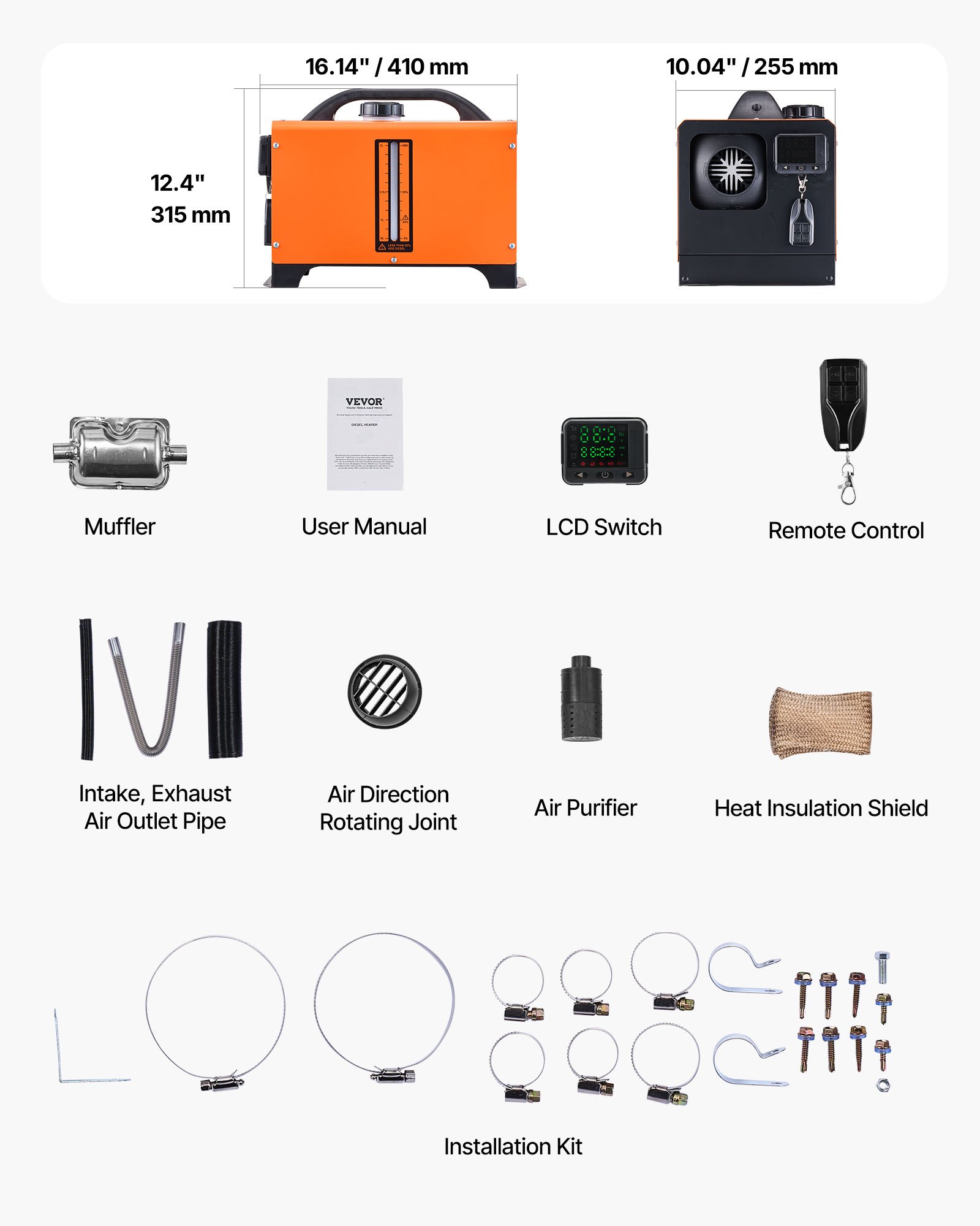 VEVOR Calentador de Aire Diésel 12-24V 8KW Consumo 0,18-0,36 L/h Calefacción Estacionaria 0-40 °C Ajustable con Control Remoto Pantalla LCD Bajo Ruido Tanque de 5 L para Camión, Barco, Caravana