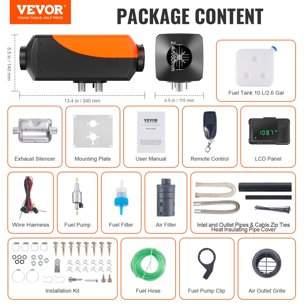 VEVOR Air Diesel Heater, 12V 2kW, Air Heater, Diesel Parking Heater, Air Heater, 0.12-0.26 L/hr. Diesel heater with LCD display, remote control, and Bluetooth app.
