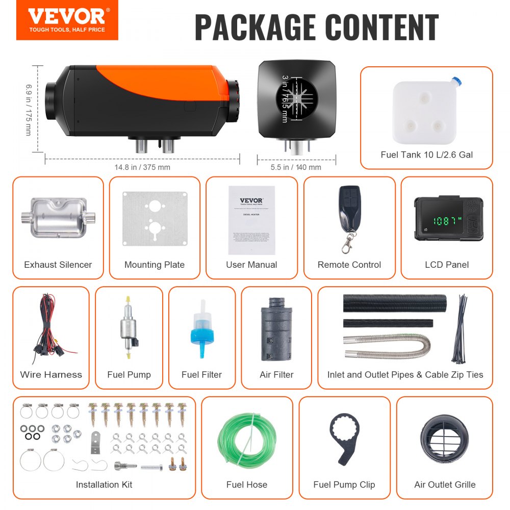 VEVOR Air Diesel Heater, 12V 5kW, Air Heater, Diesel Parking Heater, Air Heater, 0.16-0.52 L/hr. Diesel heater with LCD display, remote control, and Bluetooth app.