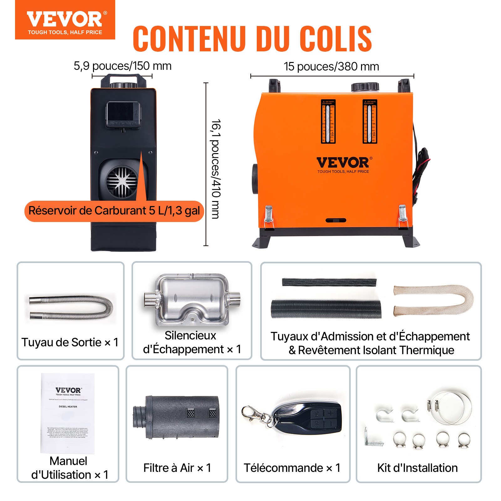 VEVOR Calentador Diésel Portátil Todo en Uno 12 V 5 kW 0,16-0,52 L/h Calentador de Aire Diésel 8~36°C Ajustable 15-20 m² Mando a Distancia LCD Inteligente Depósito de 5 L para Barco RV Auto Interior
