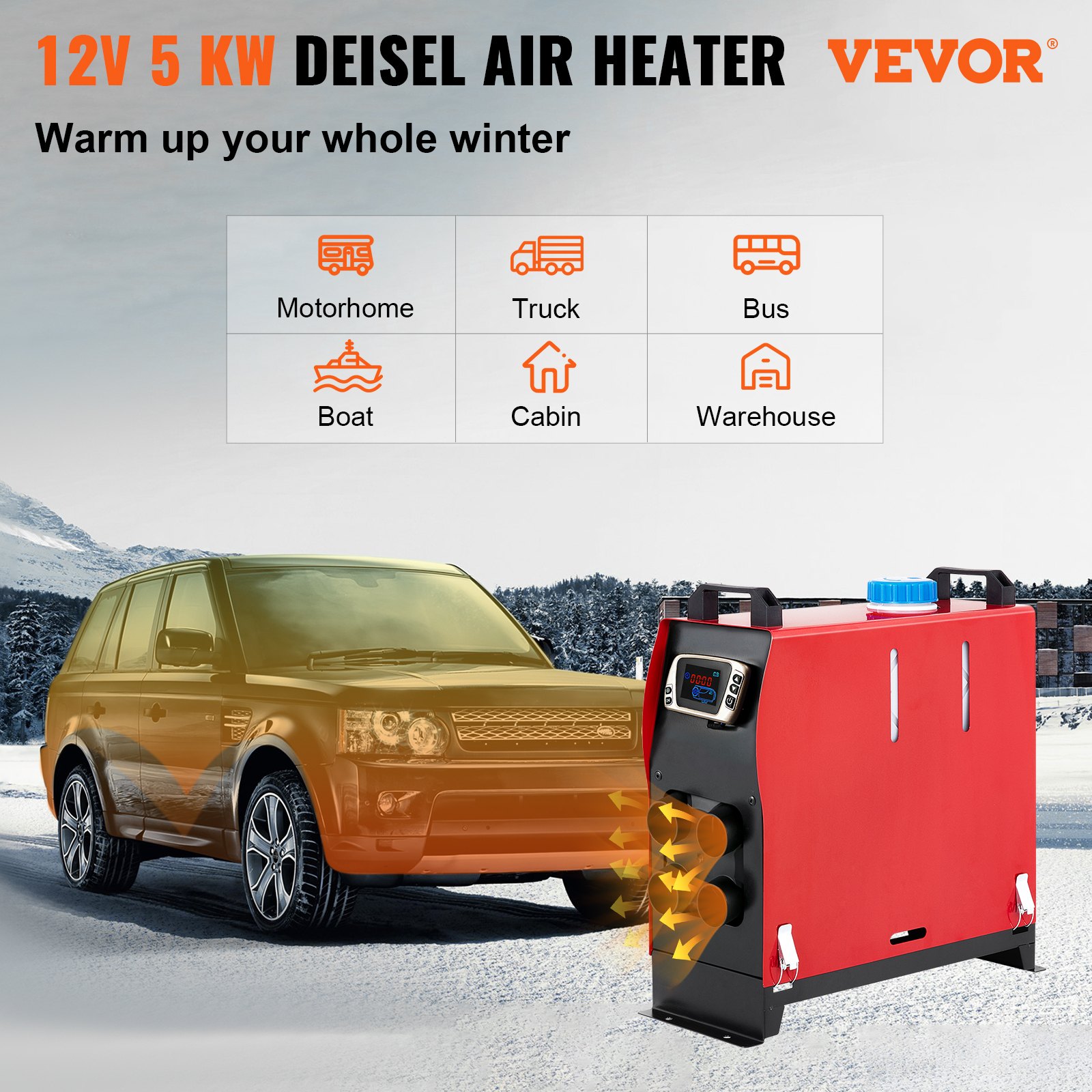 VEVOR Calentador Coche de Diesel 12V 5KW Calentador de Aire de Diesel de Alumnio con Interruptor Lcd y 4 Salidas de Aire para Camión Furgonetas Rv