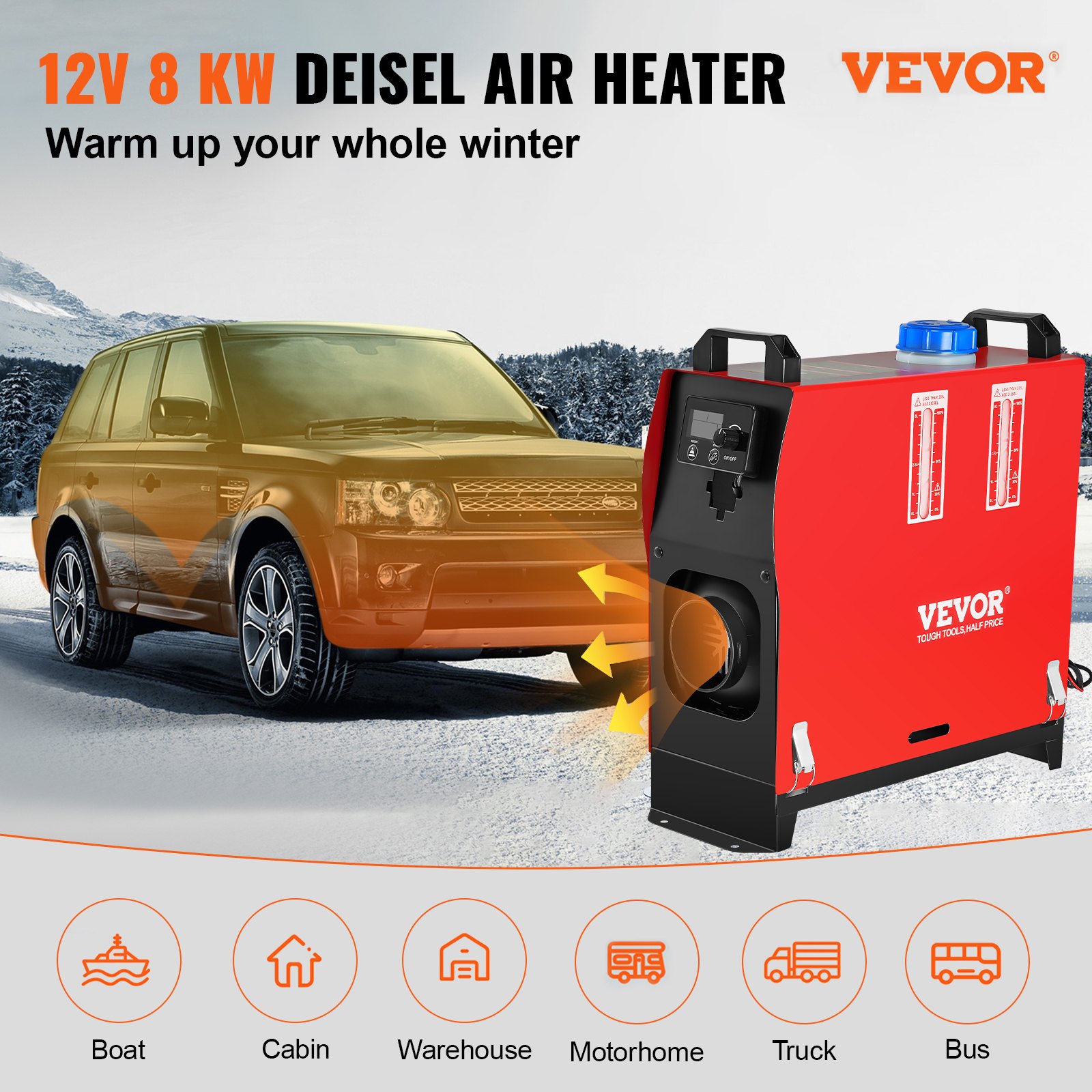 VEVOR Calentador Coche de Diesel 12V 8KW Calentador de Aire de Diesel de Alumnio con Interruptor Lcd y 1 Salida de Aire para Camión Furgonetas Rv