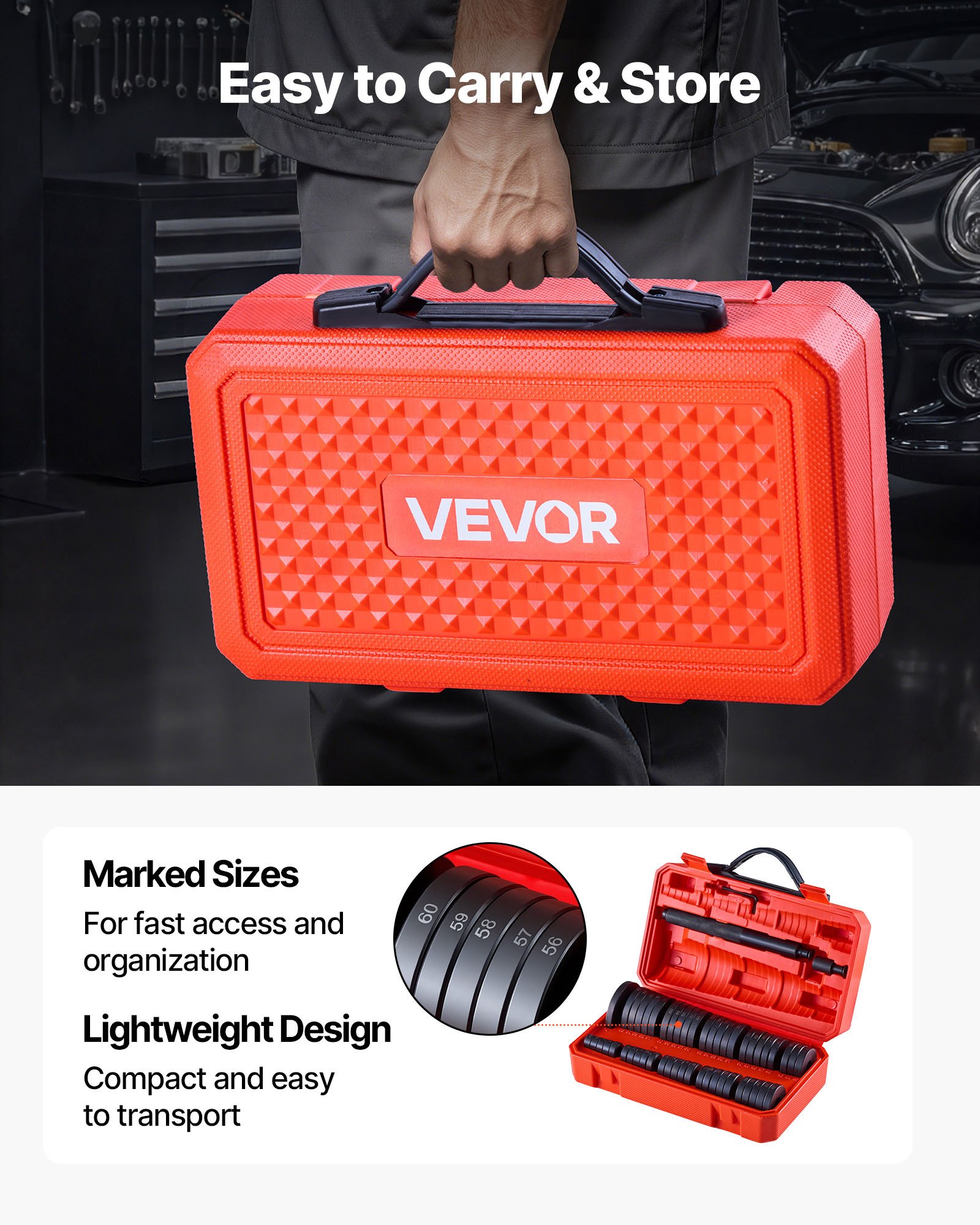 VEVOR Juego de Prensa de Cojinetes 52 uds, con 49 Bujes y Eje de Manija, para Extracción e Instalación, de Acero al Carbono con Estuche, para Mecánicos de Automóviles y Aficionados al Bricolaje
