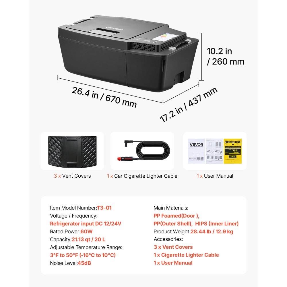 VEVOR Nevera Portátil para Coche 20 L con Compresor, Congelador Eléctrico para Coche Temperatura Ajustable de -16 °C a 10 °C, 12/24 V CC, Refrigerador para Automóvil Compatible para Tesla Model 3