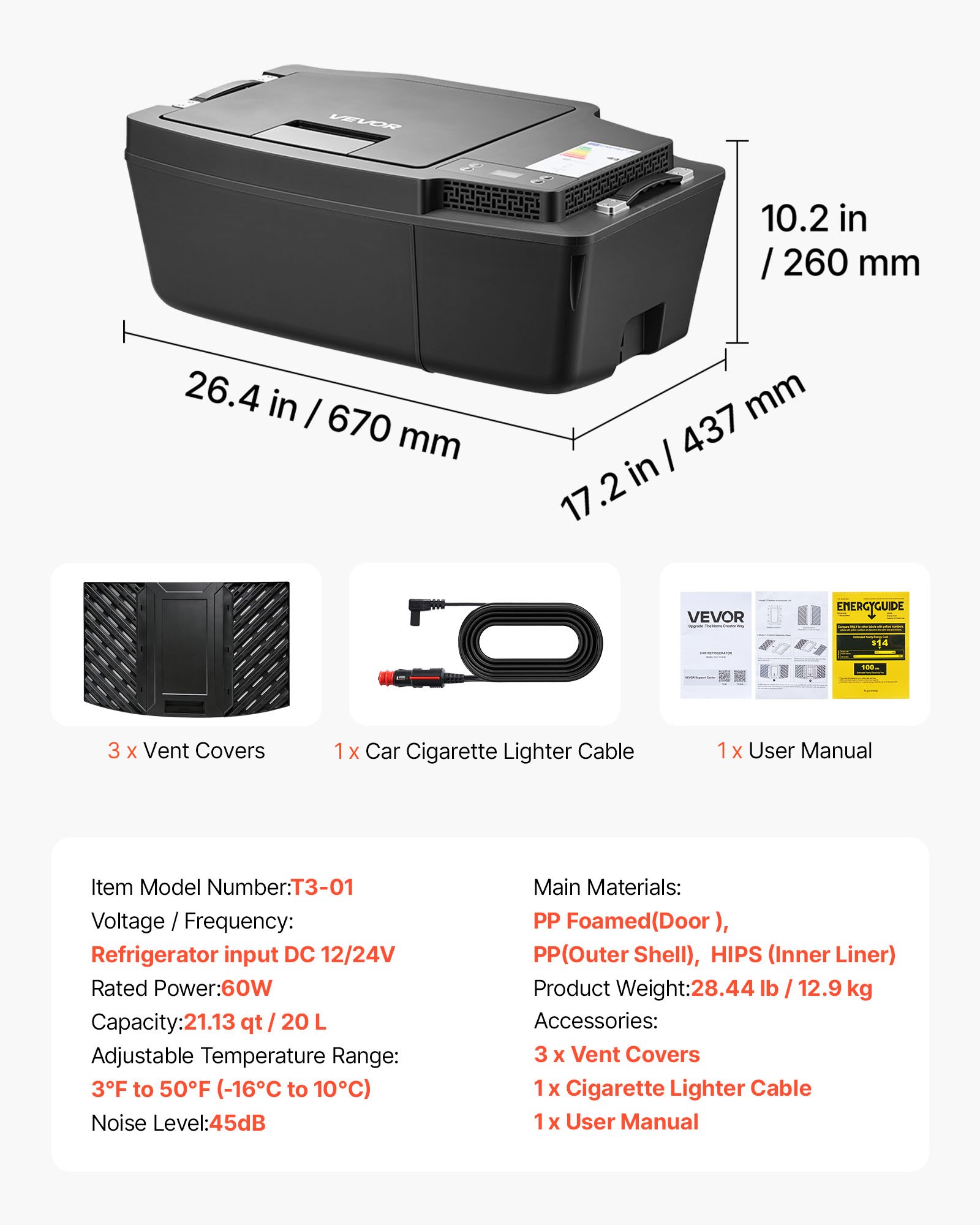 VEVOR Nevera Portátil para Coche 20 L con Compresor, Congelador Eléctrico para Coche Temperatura Ajustable de -16 °C a 10 °C, 12/24 V CC, Refrigerador para Automóvil Compatible para Tesla Model 3