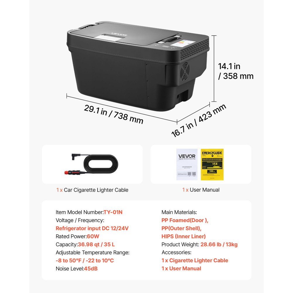 VEVOR Nevera Portátil para Coche 30 L con Compresor, Congelador Eléctrico para Coche Temperatura Ajustable de -22 a 10 °C, 12/24 V CC, Refrigerador para Automóvil Compatible para Tesla Model Y